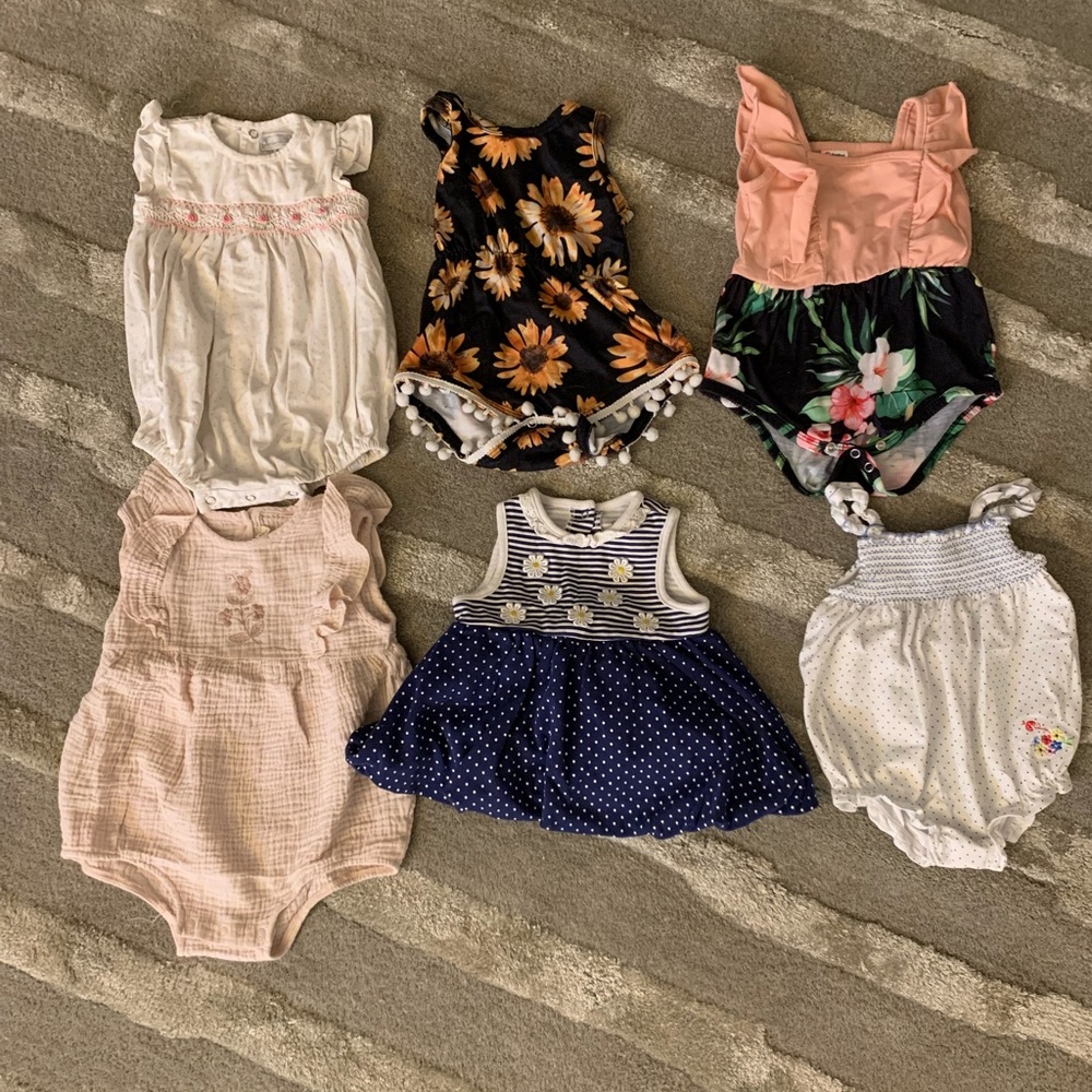 Infant baby girl rompers, 6 total, mixed brands